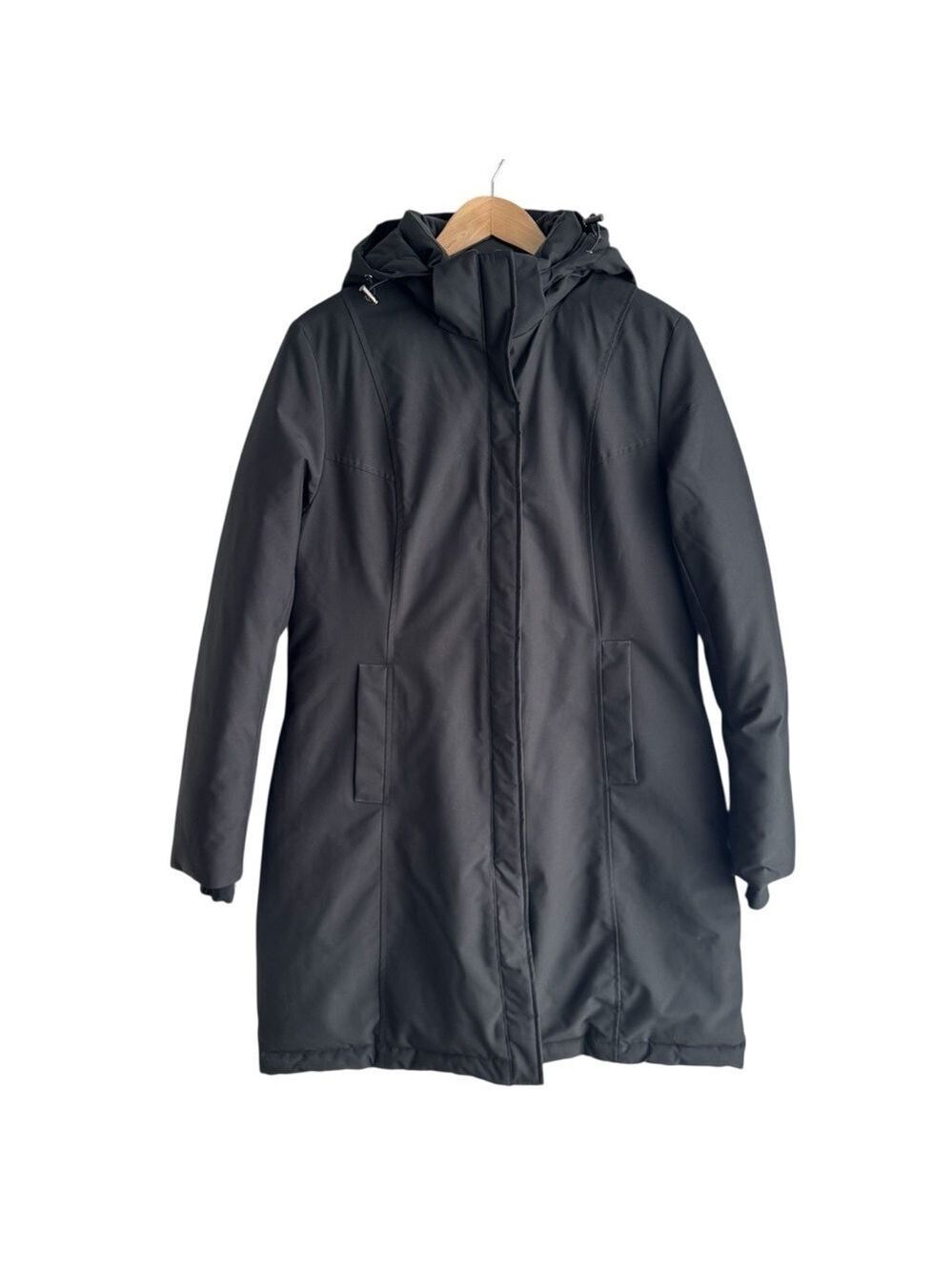 WARM Down Filled Parka Womens S Black Longline Hooded Winter Coat Jacket Classic